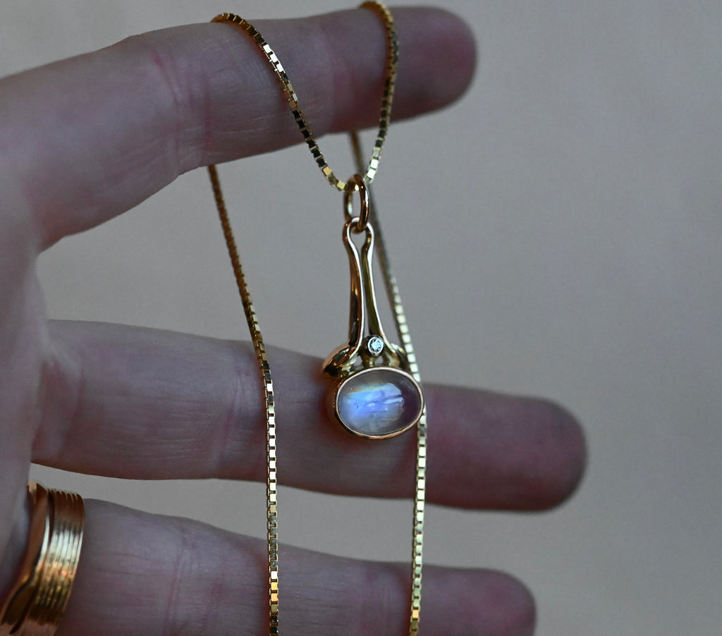 14k Gold Rainbow Moonstone & Diamond Pendant - Ready To Ship