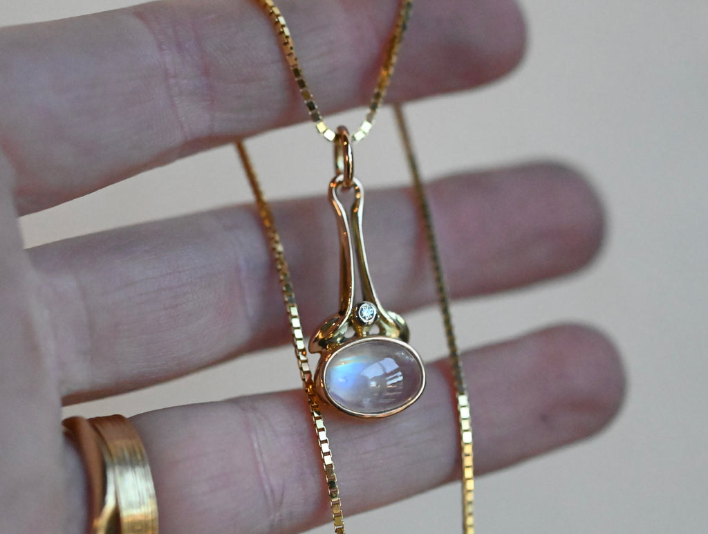 14k Gold Rainbow Moonstone & Diamond Pendant - Ready To Ship