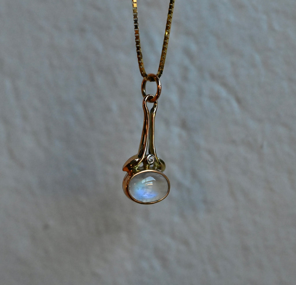 14k Gold Rainbow Moonstone & Diamond Pendant - Ready To Ship