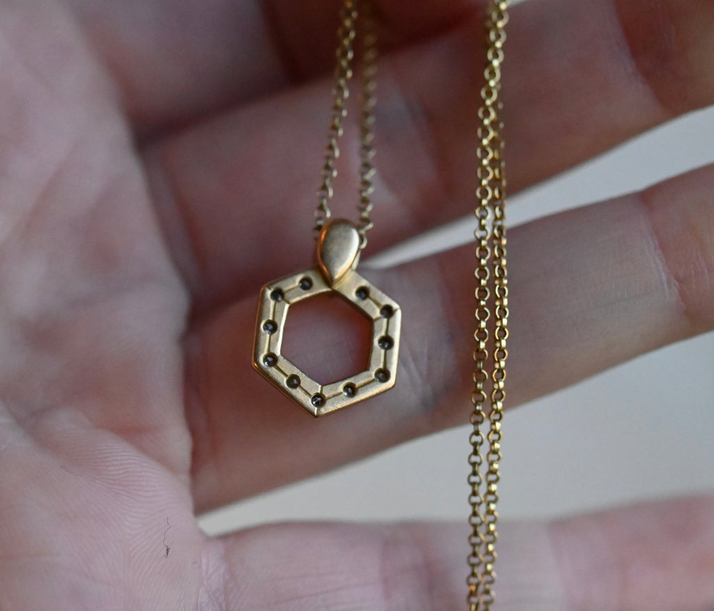 18k Gold "Antique Diamond" Hexagon Pendant Necklace - Ready to ship