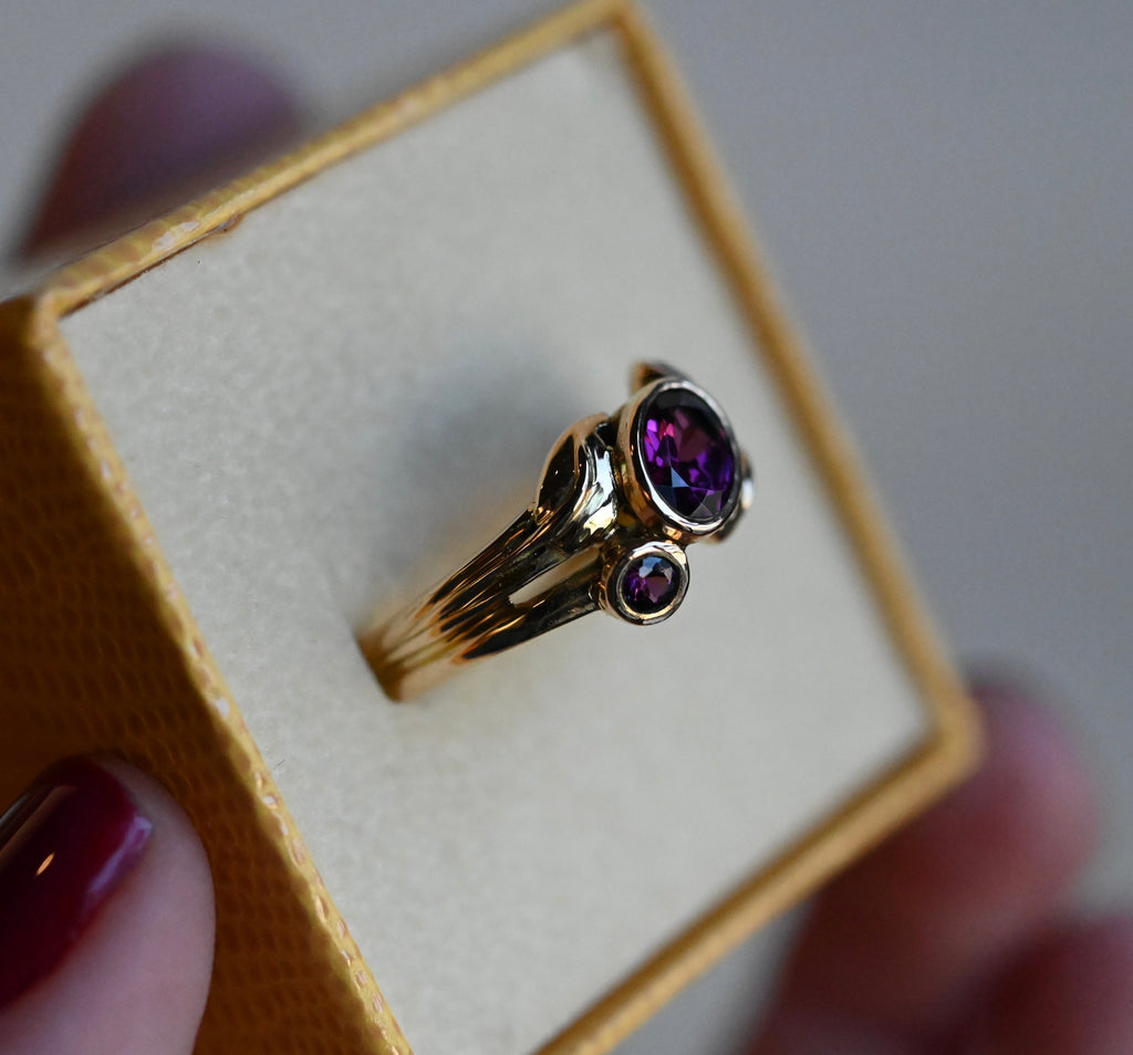 14k Gold Double Band Golden Leaves Purple Sapphire Ring - size 7.5