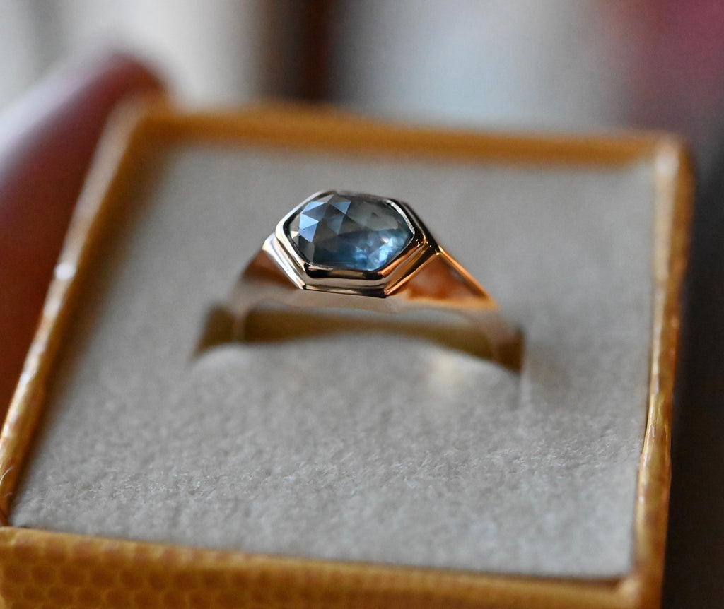 14k Gold Hexagon Blue Rose Cut Sapphire Signet Ring - size 7.75