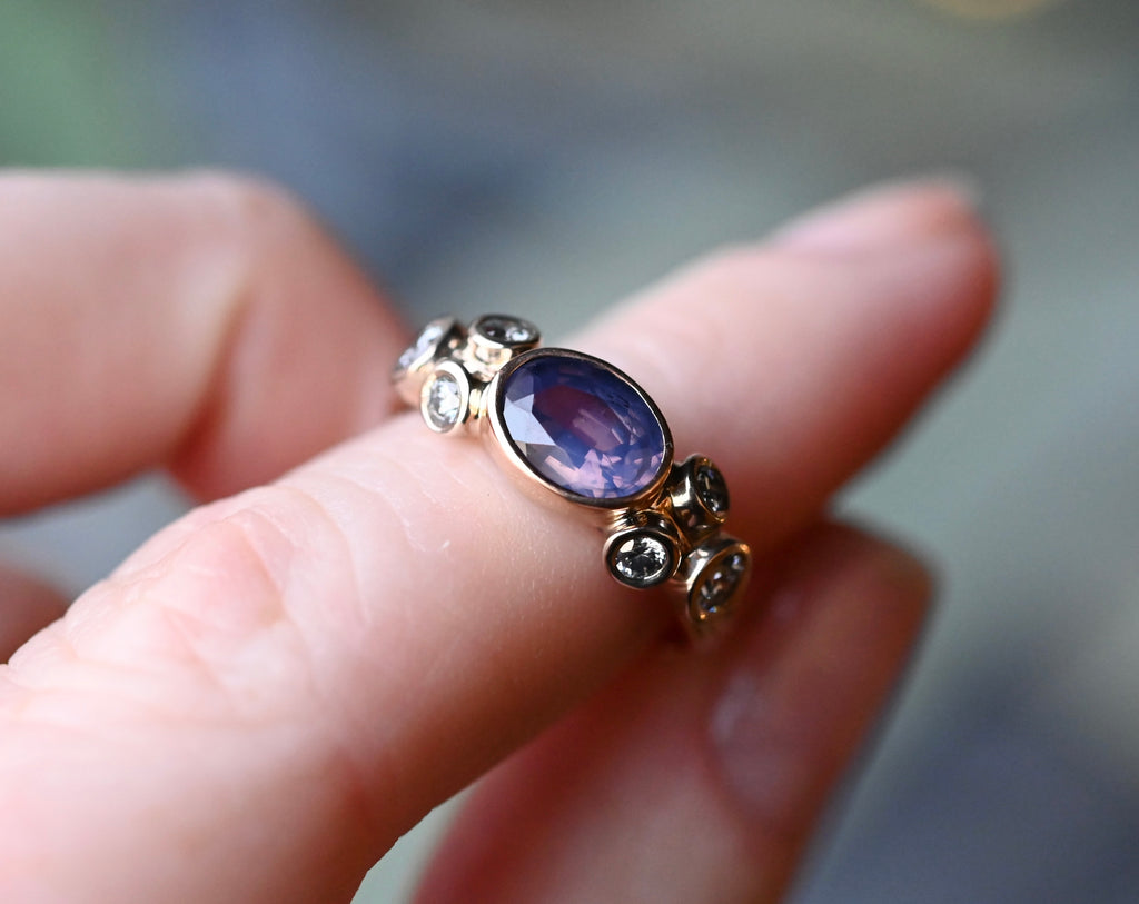 Deco Purple Silky Sapphire 14k Gold & Diamond Ring - size 6 - Ready to ship