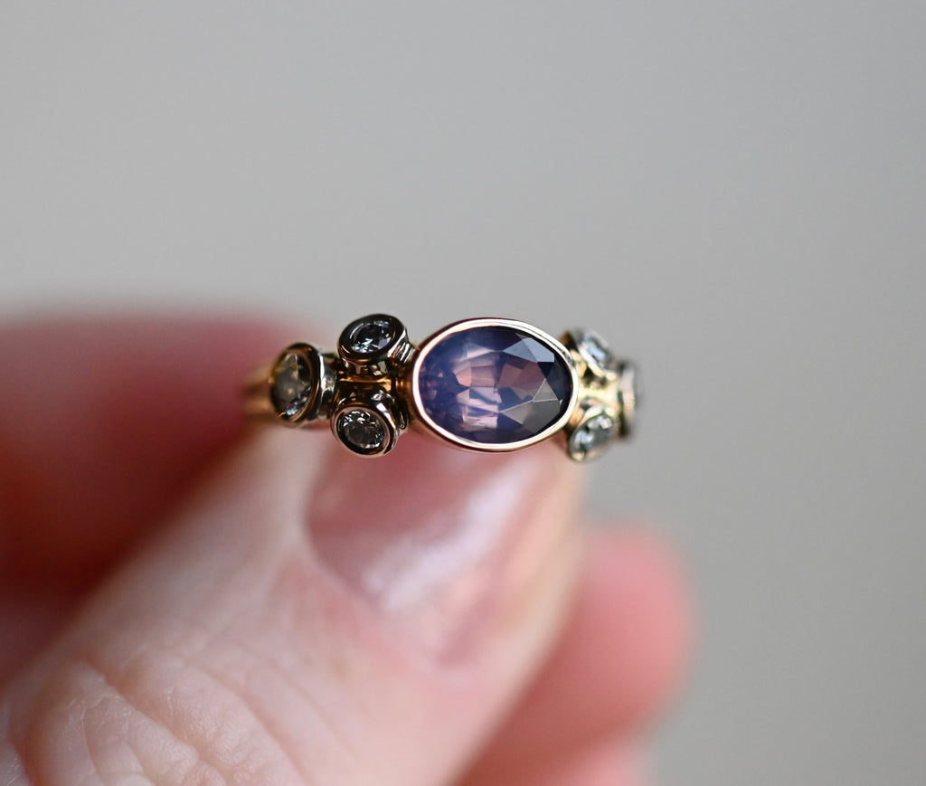 Deco Purple Silky Sapphire 14k Gold & Diamond Ring - size 6 - Ready to ship