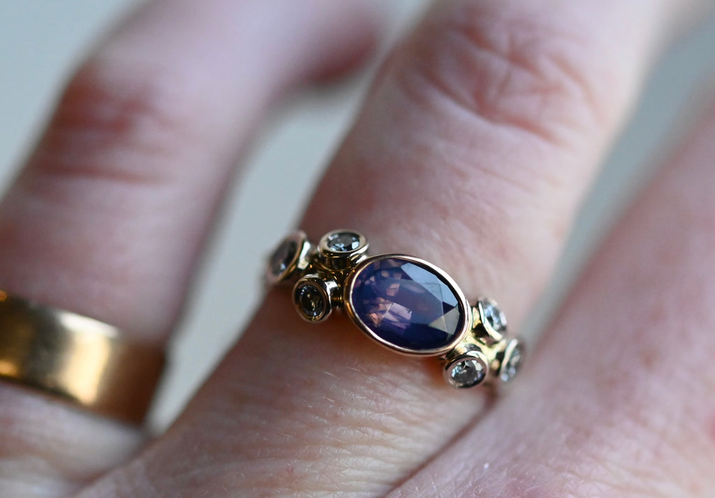 Deco Purple Silky Sapphire 14k Gold & Diamond Ring - size 6 - Ready to ship