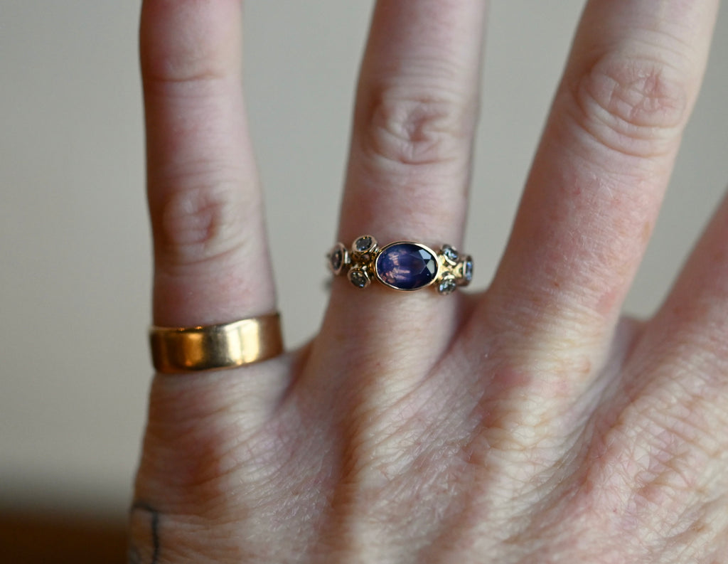Deco Purple Silky Sapphire 14k Gold & Diamond Ring - size 6 - Ready to ship
