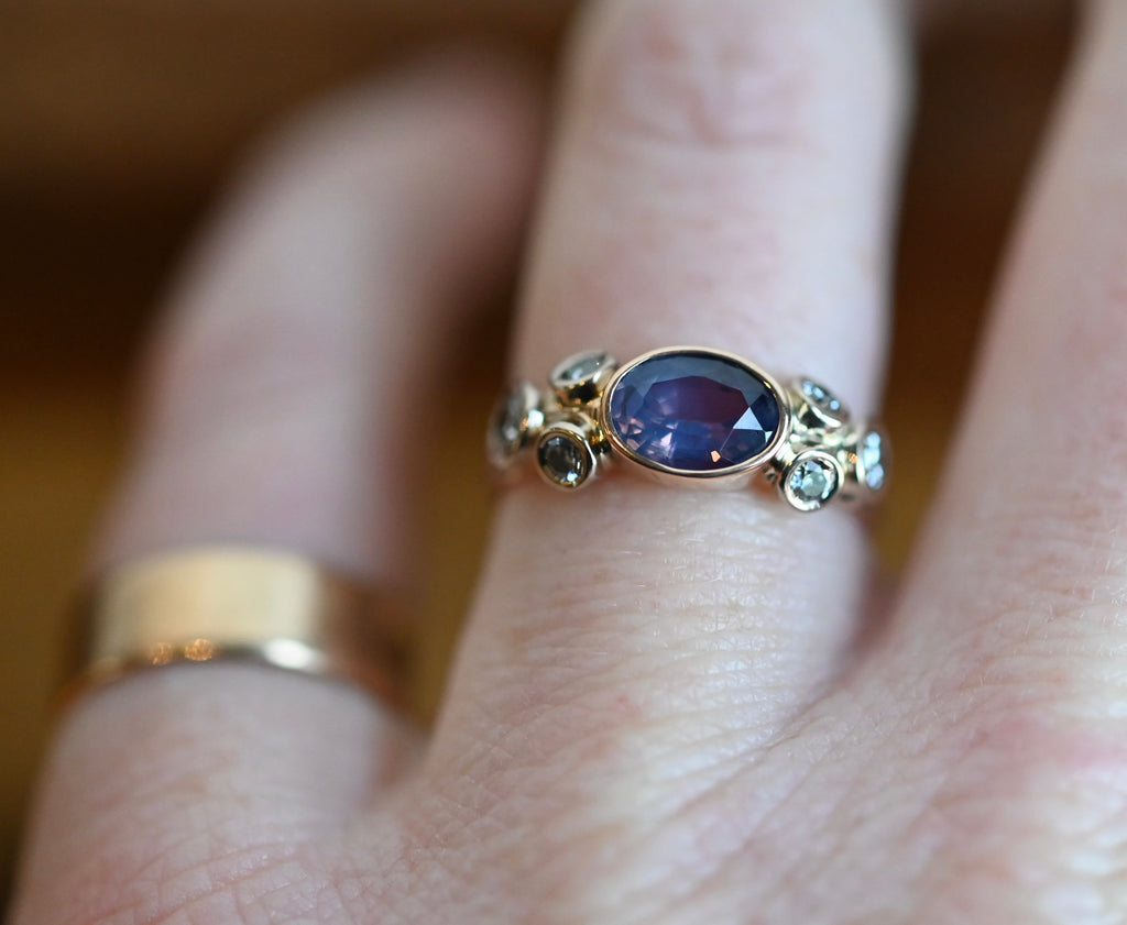 Deco Purple Silky Sapphire 14k Gold & Diamond Ring - size 6 - Ready to ship