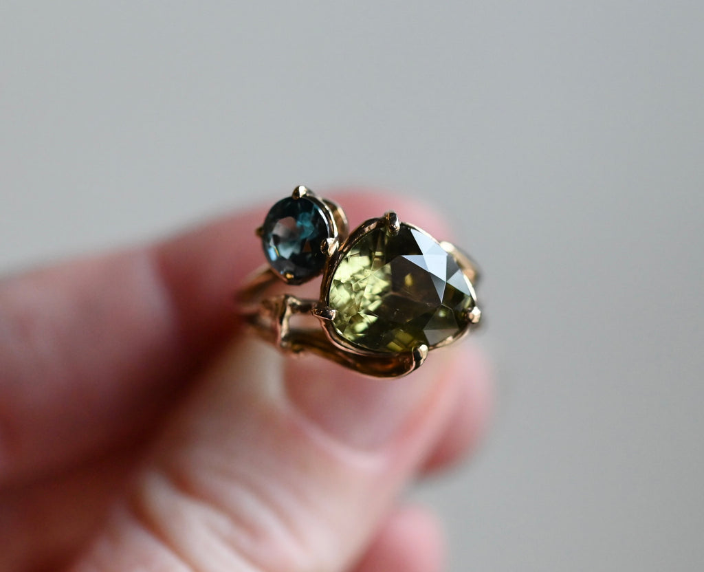 14k Gold Yellow Blue Zircon Freeform Ring - size 7 - Ready to ship