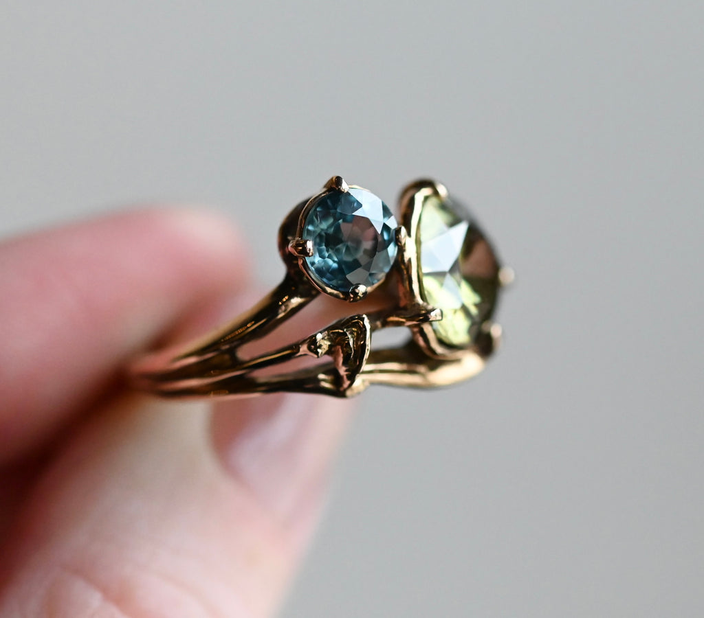 14k Gold Yellow Blue Zircon Freeform Ring - size 7 - Ready to ship