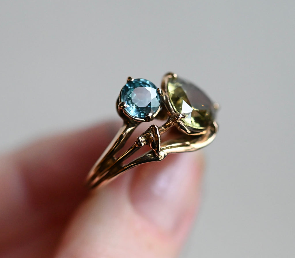 14k Gold Yellow Blue Zircon Freeform Ring - size 7 - Ready to ship