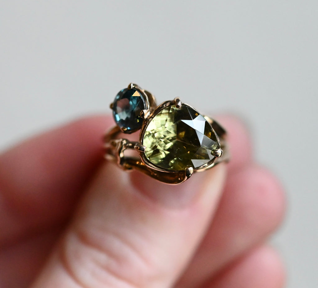 14k Gold Yellow Blue Zircon Freeform Ring - size 7 - Ready to ship