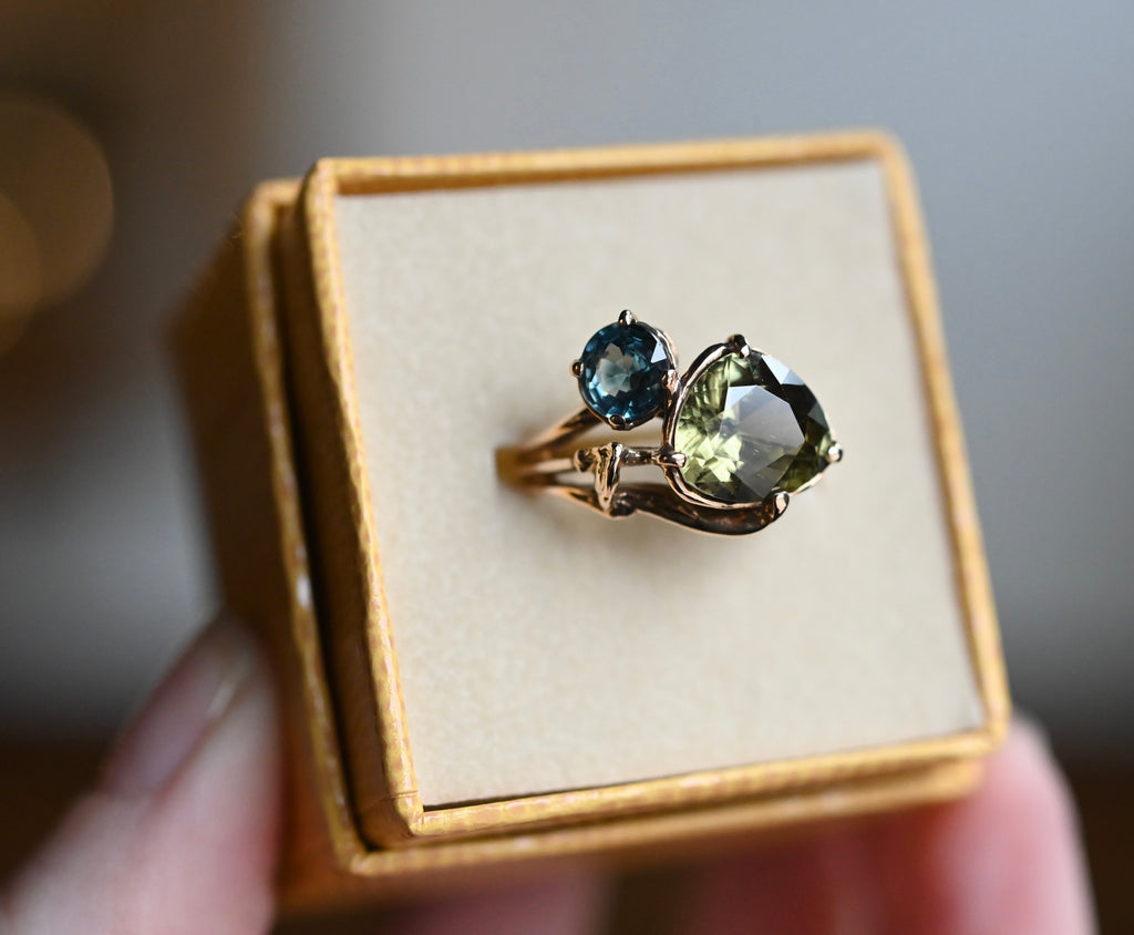 14k Gold Yellow Blue Zircon Freeform Ring - size 7 - Ready to ship