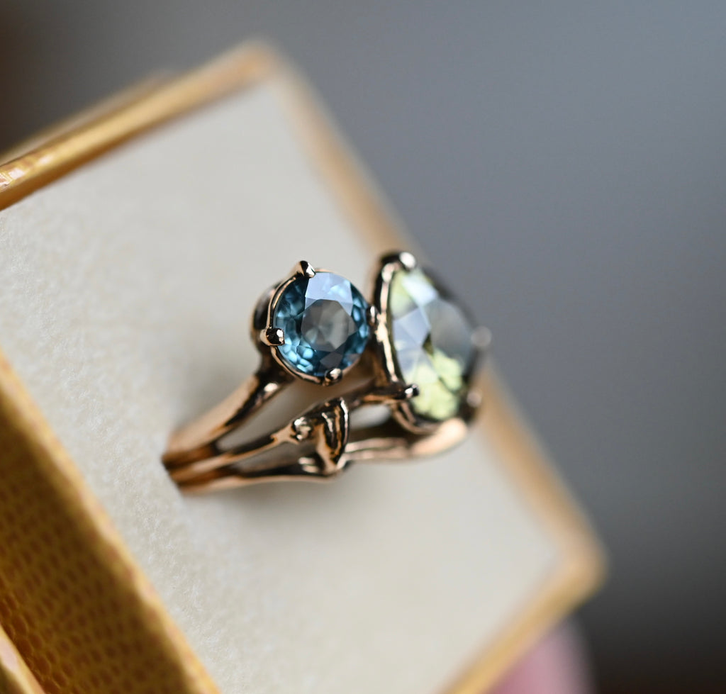 14k Gold Yellow Blue Zircon Freeform Ring - size 7 - Ready to ship