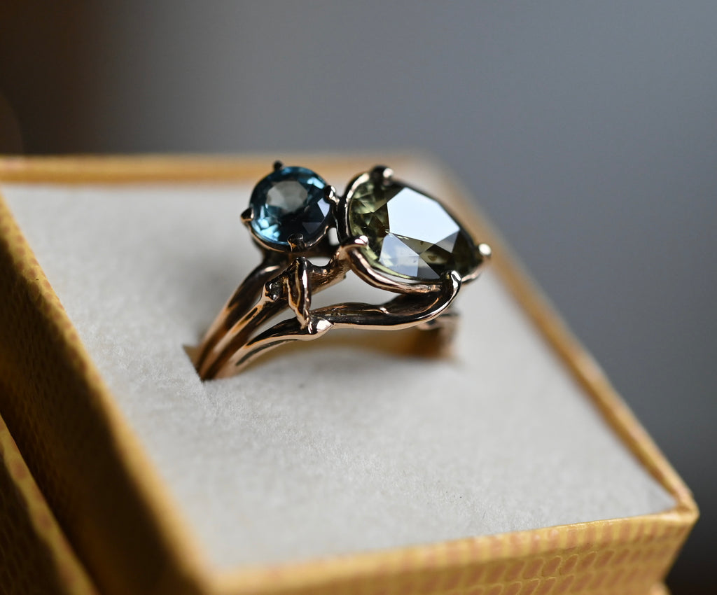 14k Gold Yellow Blue Zircon Freeform Ring - size 7 - Ready to ship