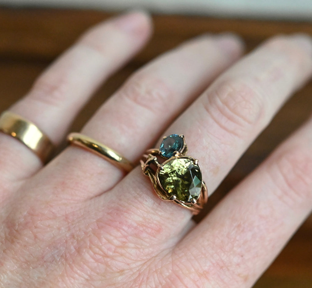 14k Gold Yellow Blue Zircon Freeform Ring - size 7 - Ready to ship