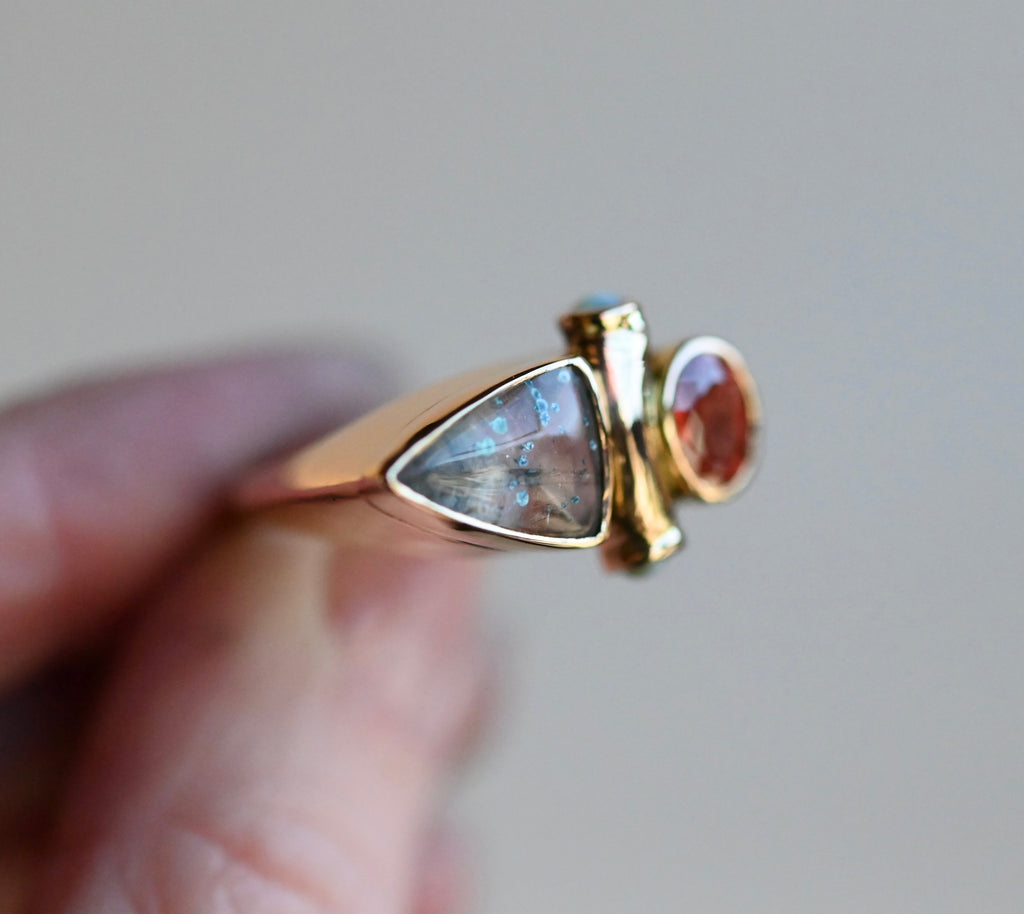 14k Gold Paraiba in Quartz, Garnet & Cats Eye Chrysoberyl Ring - size 7.75/8 - Ready to ship