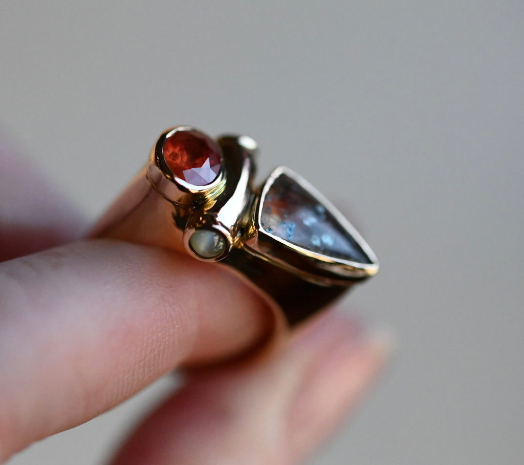 14k Gold Paraiba in Quartz, Garnet & Cats Eye Chrysoberyl Ring - size 7.75/8 - Ready to ship