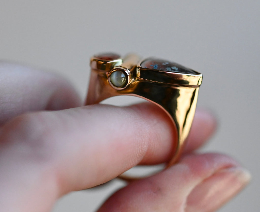 14k Gold Paraiba in Quartz, Garnet & Cats Eye Chrysoberyl Ring - size 7.75/8 - Ready to ship