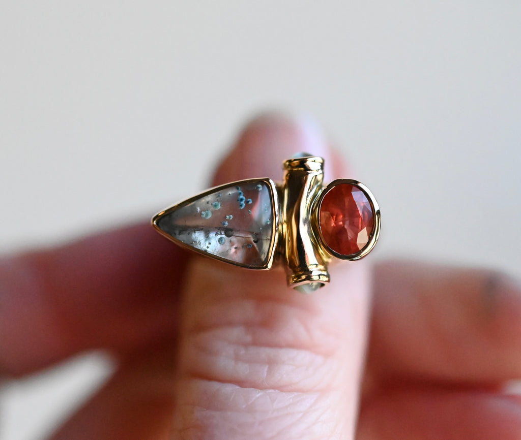 14k Gold Paraiba in Quartz, Garnet & Cats Eye Chrysoberyl Ring - size 7.75/8 - Ready to ship