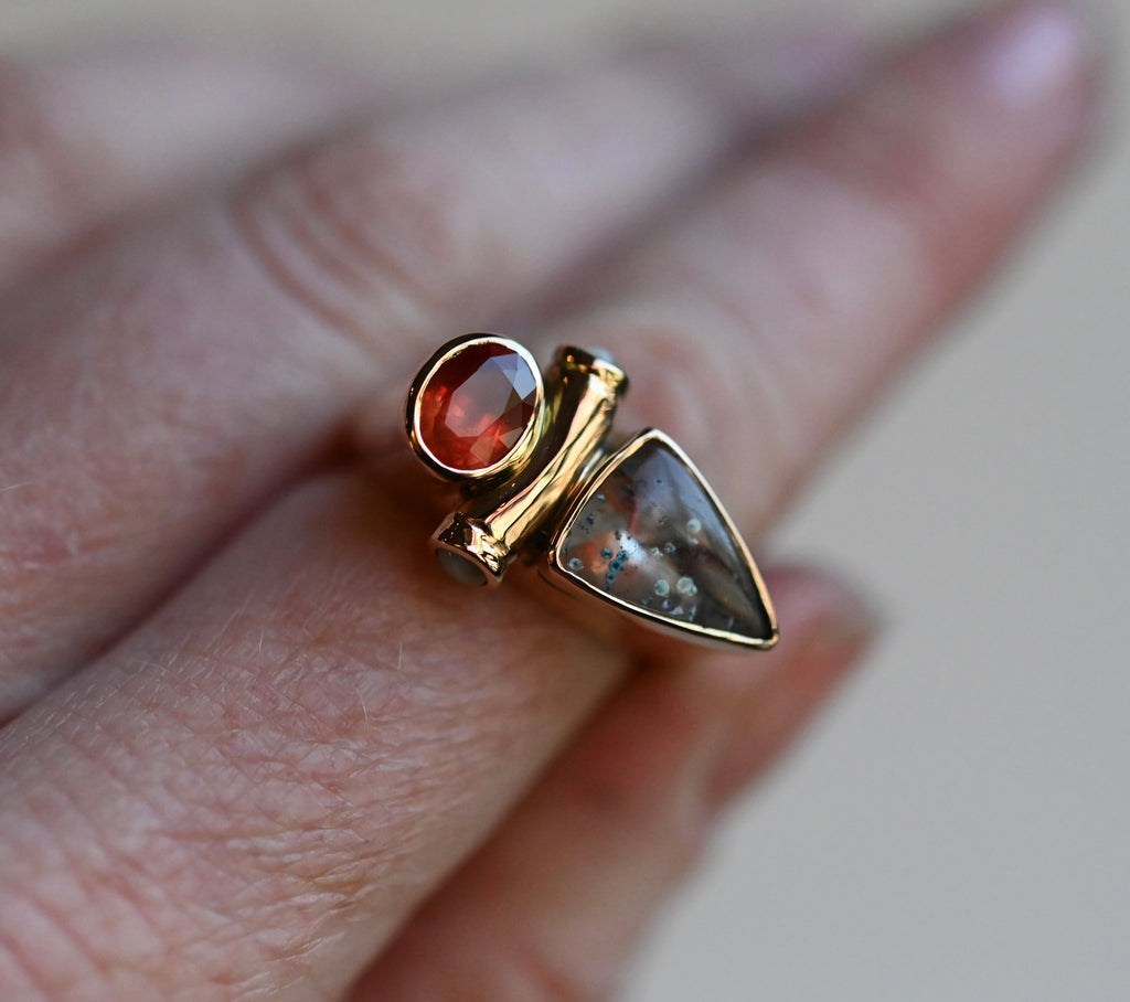 14k Gold Paraiba in Quartz, Garnet & Cats Eye Chrysoberyl Ring - size 7.75/8 - Ready to ship