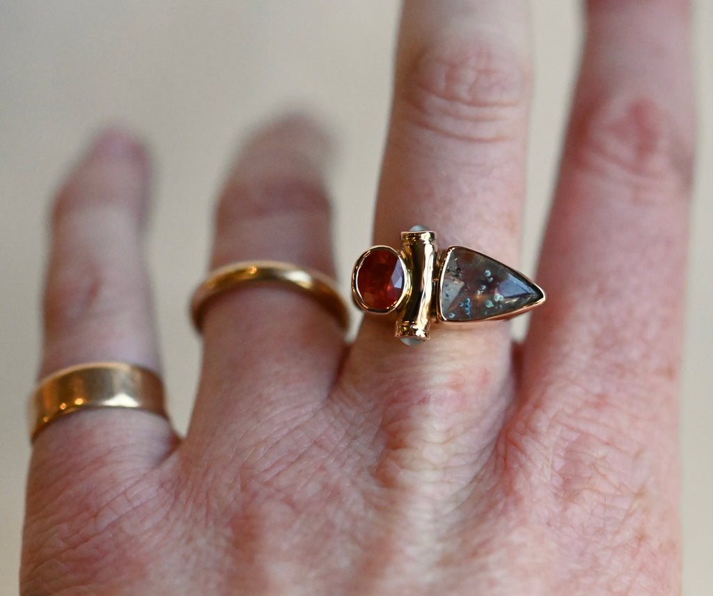 14k Gold Paraiba in Quartz, Garnet & Cats Eye Chrysoberyl Ring - size 7.75/8 - Ready to ship