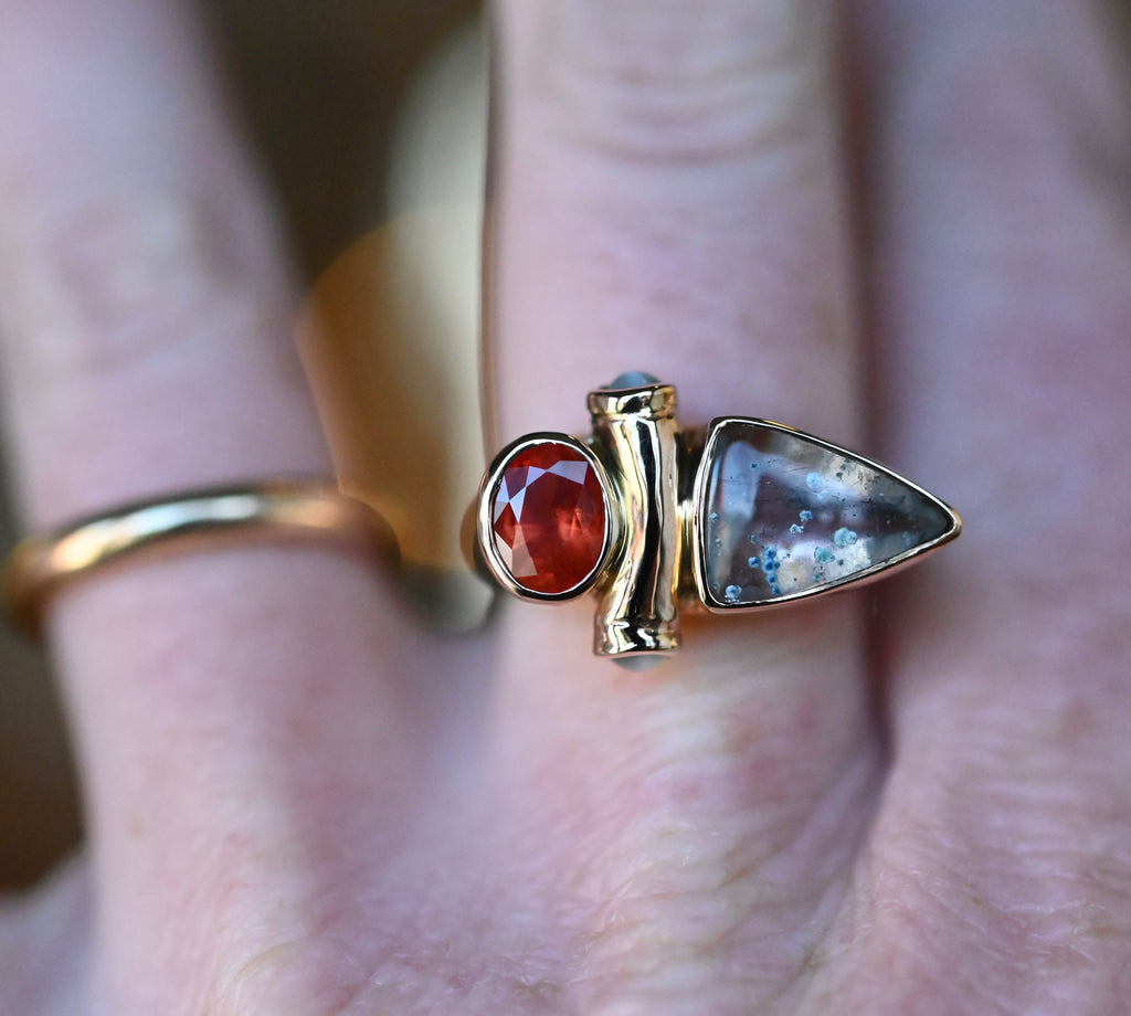 14k Gold Paraiba in Quartz, Garnet & Cats Eye Chrysoberyl Ring - size 7.75/8 - Ready to ship