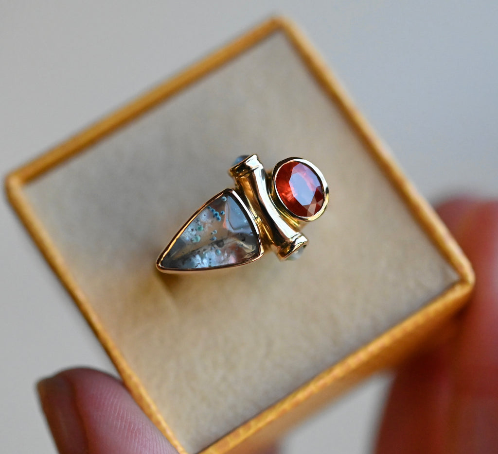 14k Gold Paraiba in Quartz, Garnet & Cats Eye Chrysoberyl Ring - size 7.75/8 - Ready to ship