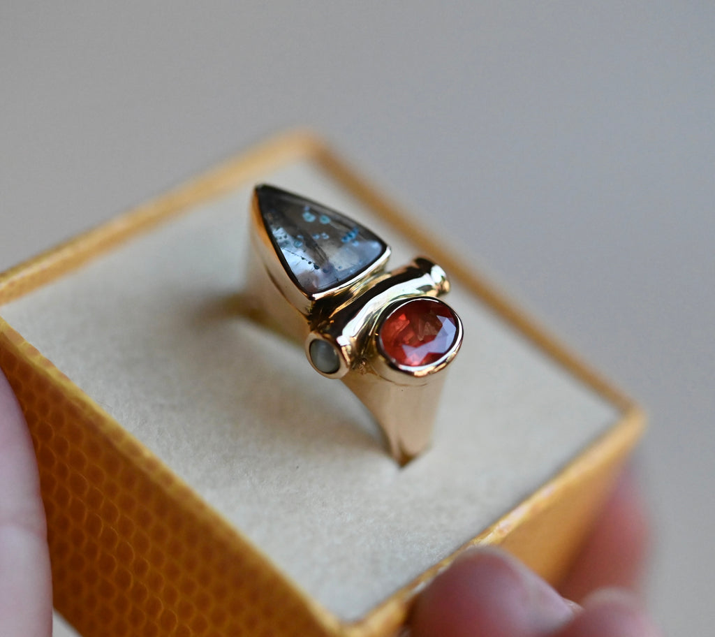 14k Gold Paraiba in Quartz, Garnet & Cats Eye Chrysoberyl Ring - size 7.75/8 - Ready to ship