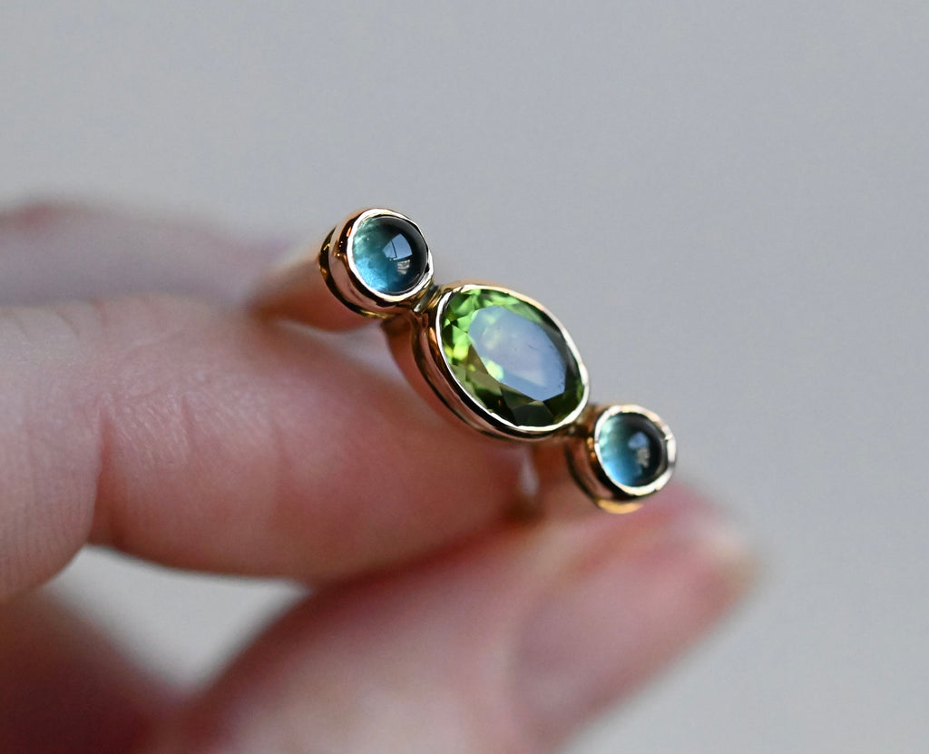 14k Gold Column Triple Gemstone Blue Tourmaline & Peridot Ring - size 6.5 - Ready to ship (Copy)
