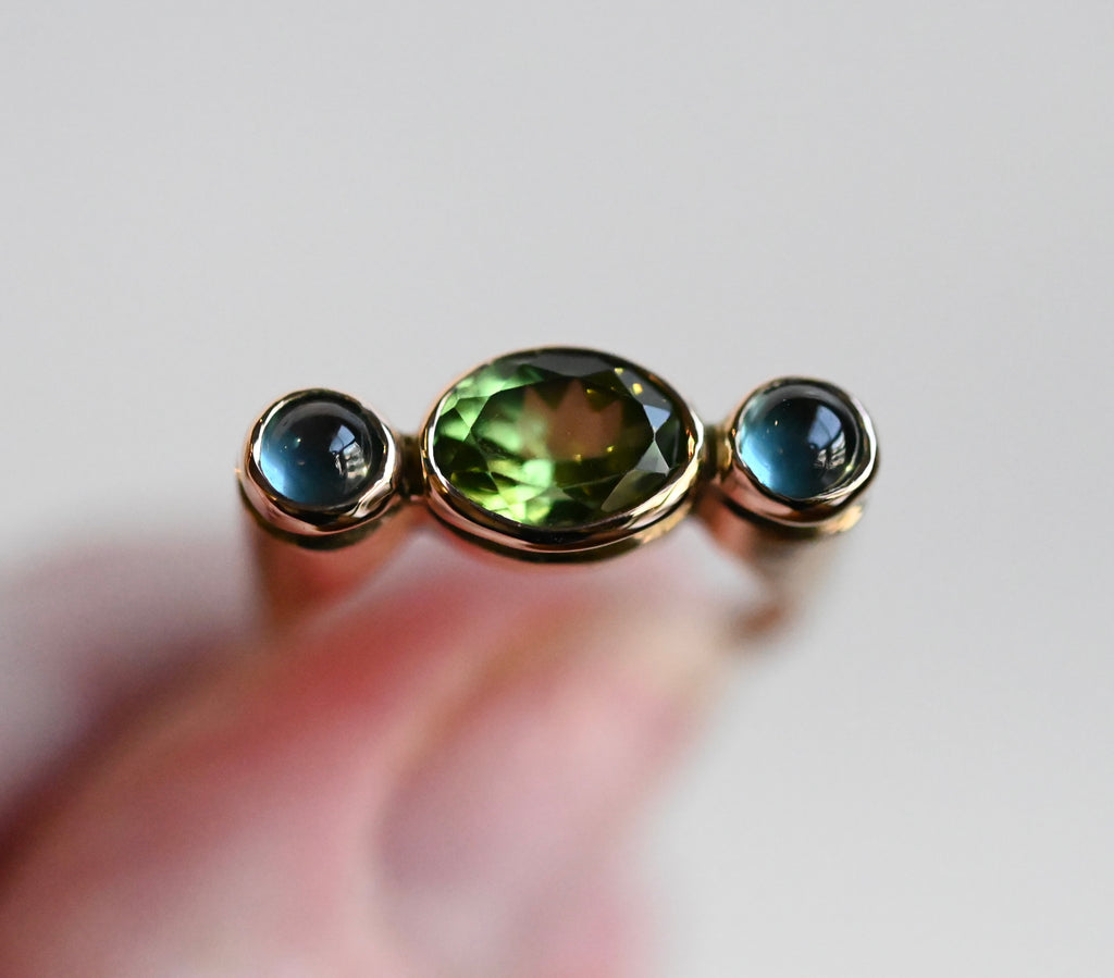 14k Gold Column Triple Gemstone Blue Tourmaline & Peridot Ring - size 6.5 - Ready to ship (Copy)