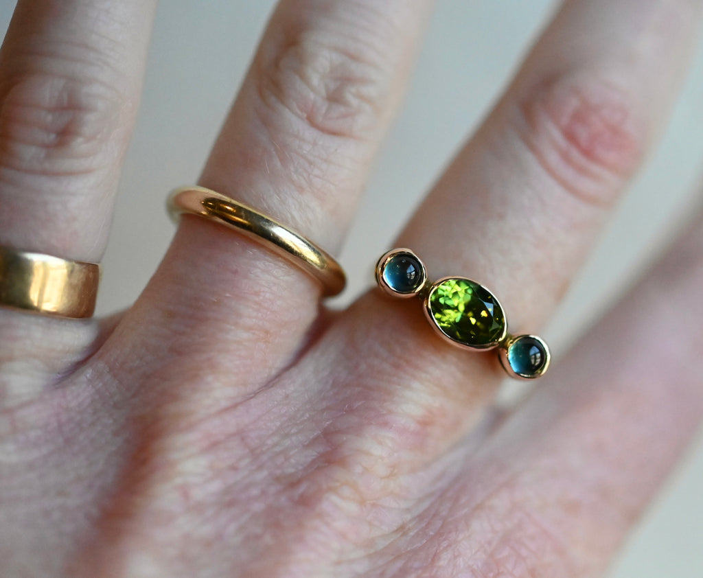 14k Gold Column Triple Gemstone Blue Tourmaline & Peridot Ring - size 6.5 - Ready to ship (Copy)