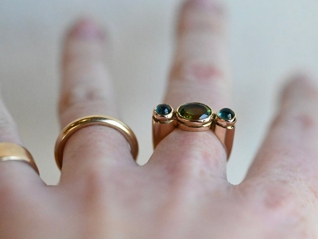 14k Gold Column Triple Gemstone Blue Tourmaline & Peridot Ring - size 6.5 - Ready to ship (Copy)
