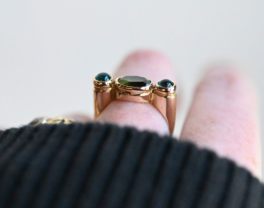 14k Gold Column Triple Gemstone Blue Tourmaline & Peridot Ring - size 6.5 - Ready to ship (Copy)