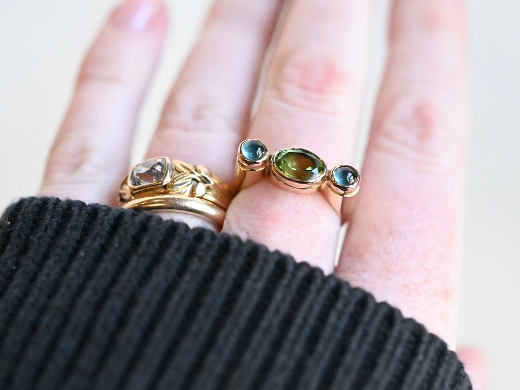 14k Gold Column Triple Gemstone Blue Tourmaline & Peridot Ring - size 6.5 - Ready to ship (Copy)