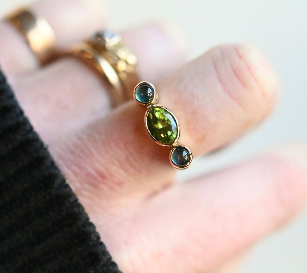 14k Gold Column Triple Gemstone Blue Tourmaline & Peridot Ring - size 6.5 - Ready to ship (Copy)