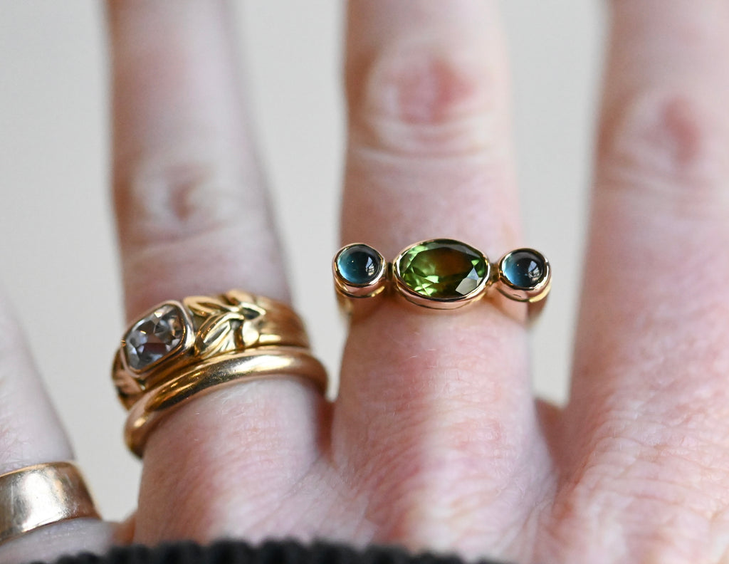 14k Gold Column Triple Gemstone Blue Tourmaline & Peridot Ring - size 6.5 - Ready to ship (Copy)