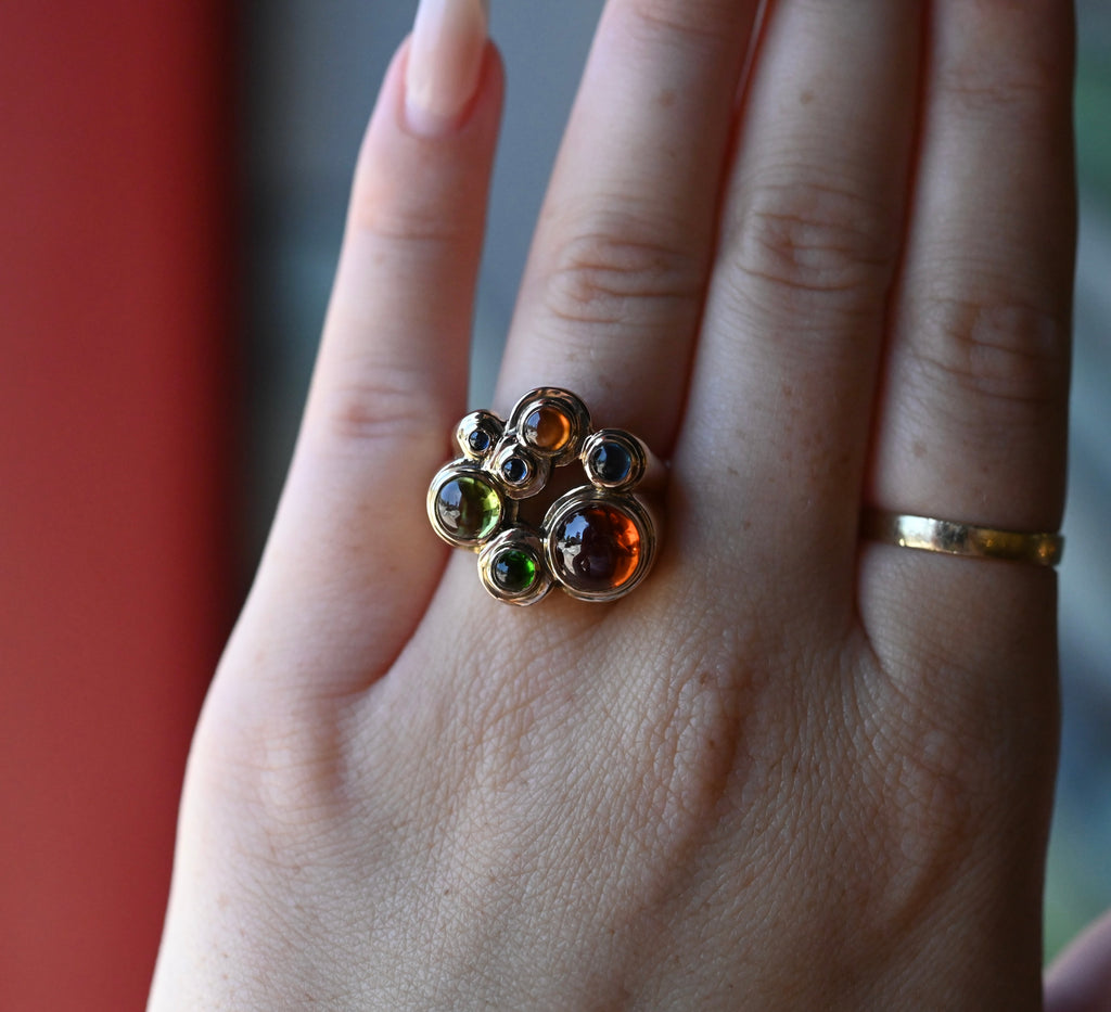 14k Gold Bubble Multi Gemstone Chunky Ring - size 8 (sizable) - Ready to Ship
