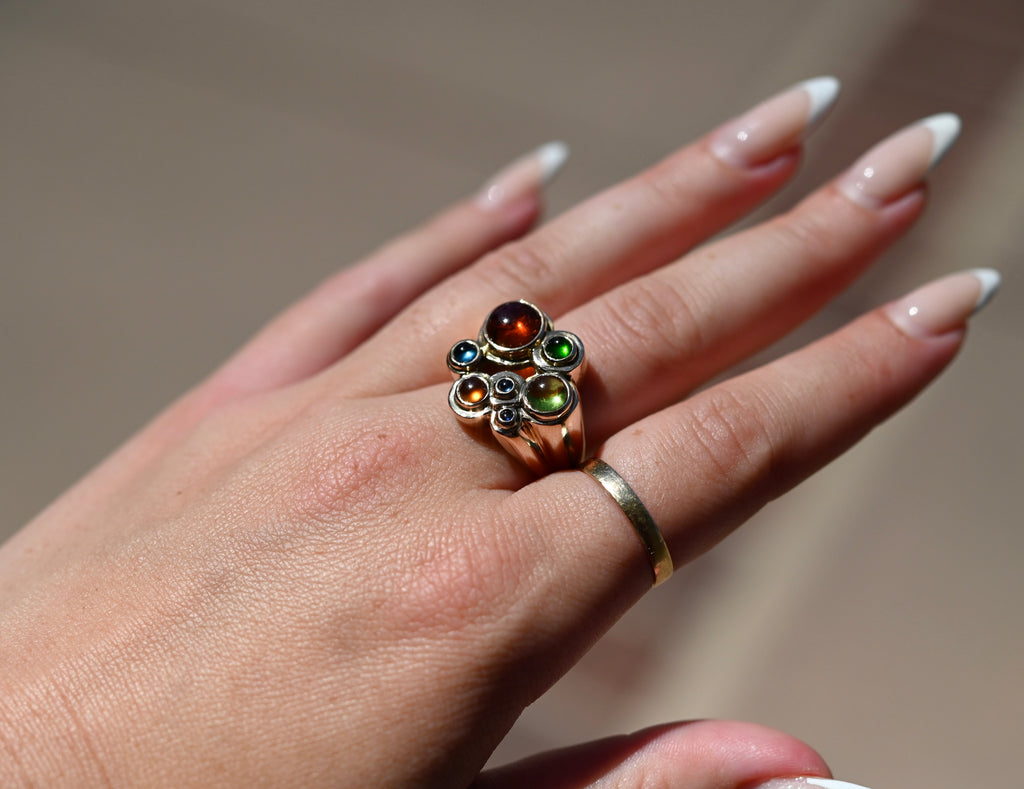 14k Gold Bubble Multi Gemstone Chunky Ring - size 8 (sizable) - Ready to Ship