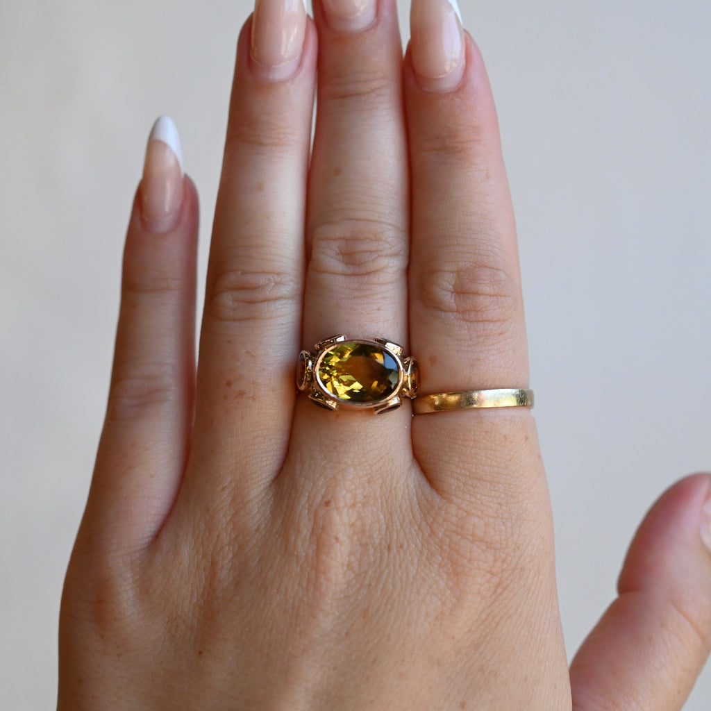 14k Gold Citrine & Sapphire Signet Style Ring - size 7 (sizable) - Ready to Ship