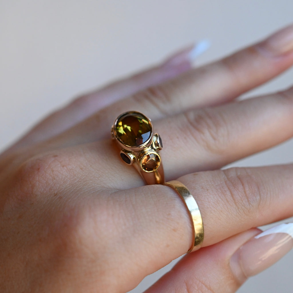 14k Gold Citrine & Sapphire Signet Style Ring - size 7 (sizable) - Ready to Ship