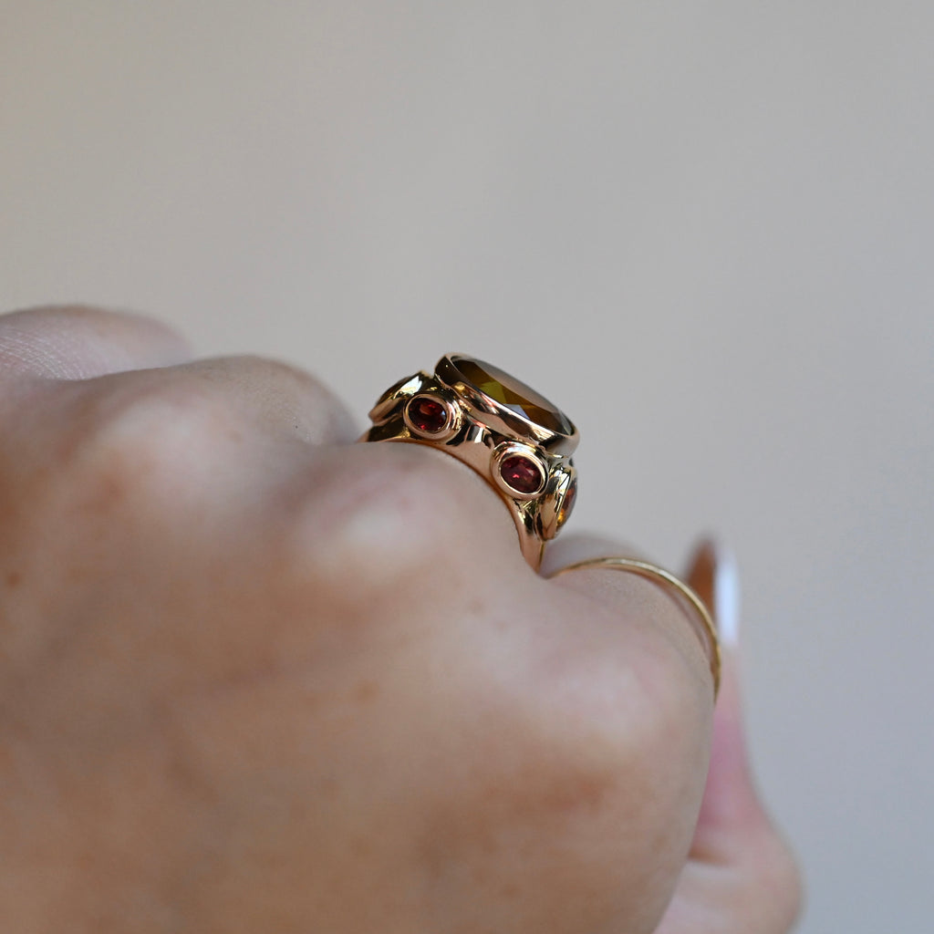 14k Gold Citrine & Sapphire Signet Style Ring - size 7 (sizable) - Ready to Ship