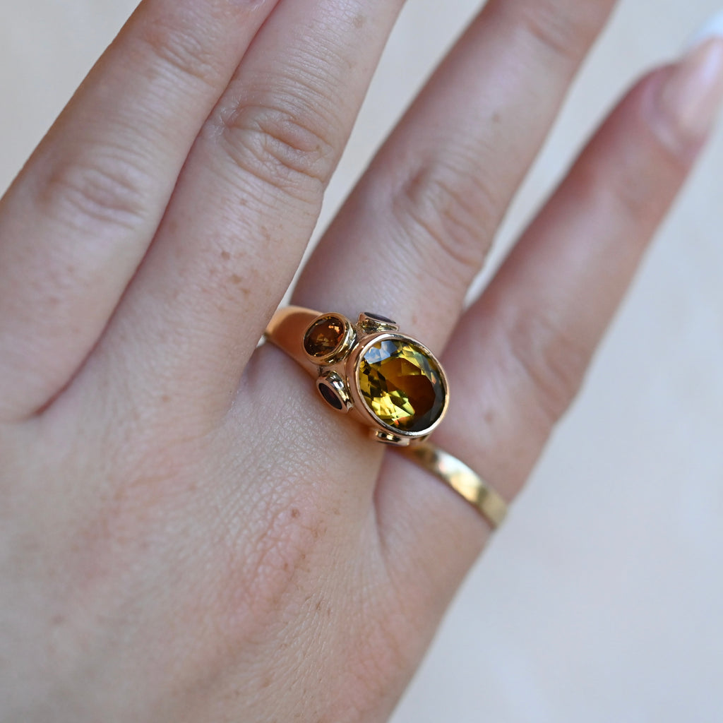 14k Gold Citrine & Sapphire Signet Style Ring - size 7 (sizable) - Ready to Ship