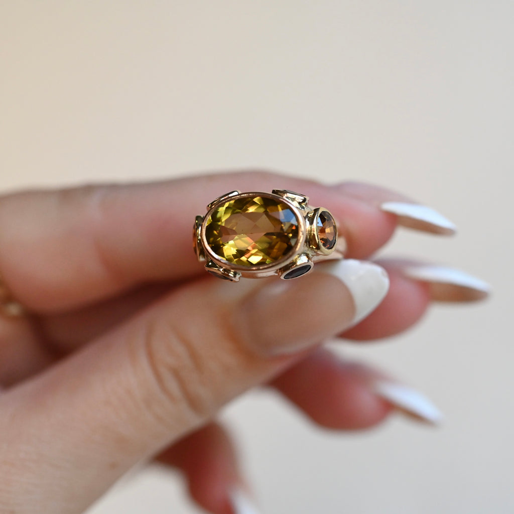 14k Gold Citrine & Sapphire Signet Style Ring - size 7 (sizable) - Ready to Ship