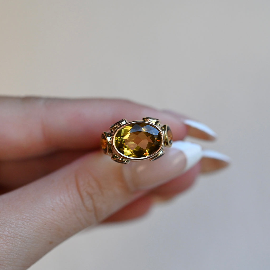 14k Gold Citrine & Sapphire Signet Style Ring - size 7 (sizable) - Ready to Ship