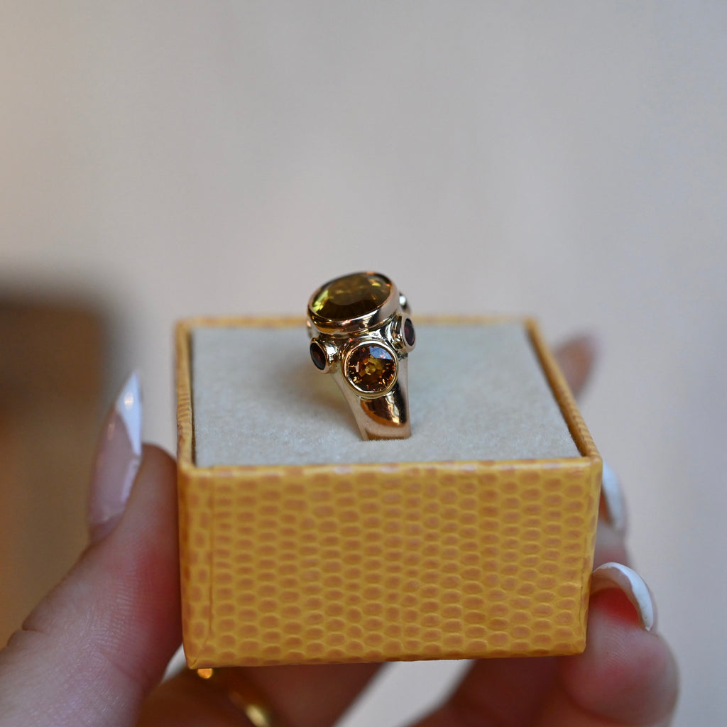 14k Gold Citrine & Sapphire Signet Style Ring - size 7 (sizable) - Ready to Ship