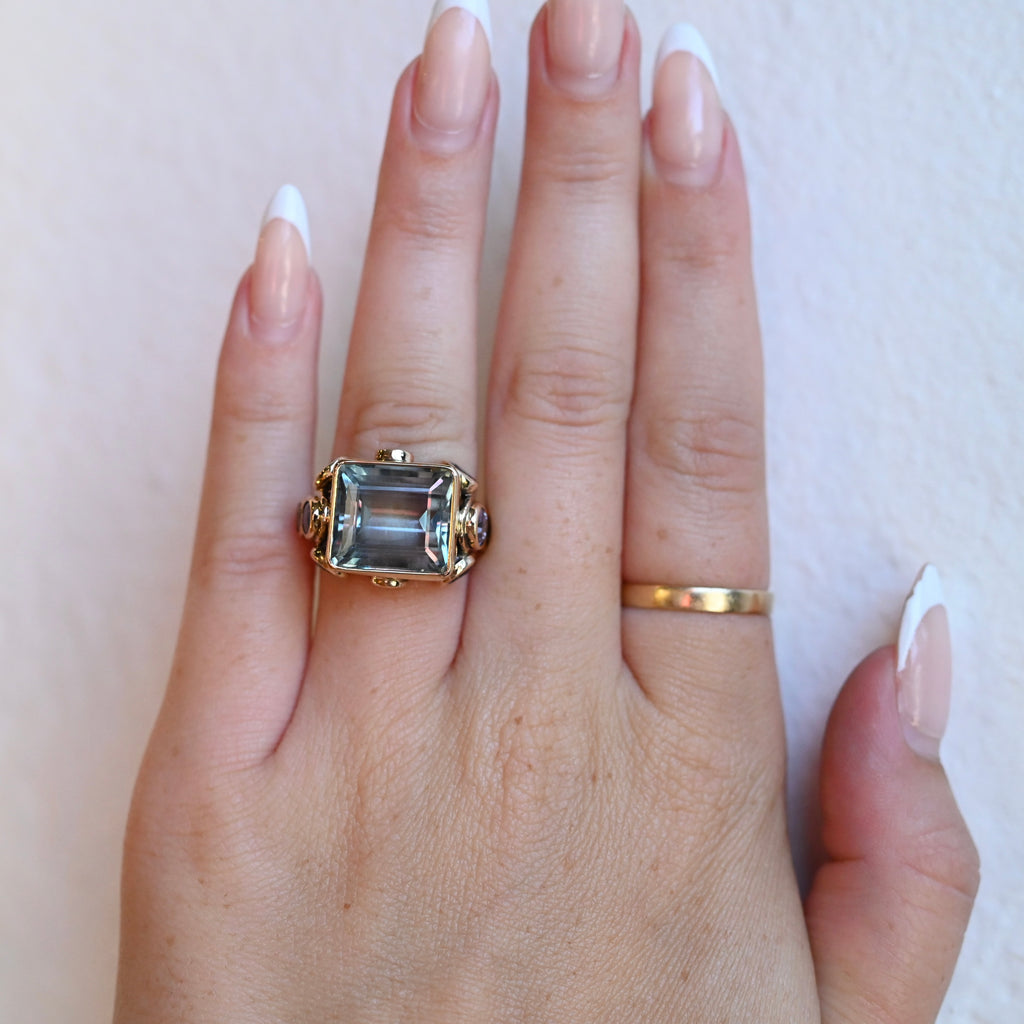 14k Gold Chunky Aquamarine & Sapphire Cluster Ring - size 6.5 (sizable) - Ready to Ship