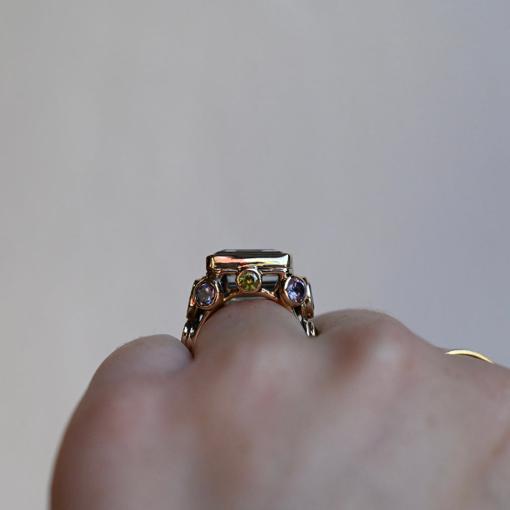 14k Gold Chunky Aquamarine & Sapphire Cluster Ring - size 6.5 (sizable) - Ready to Ship