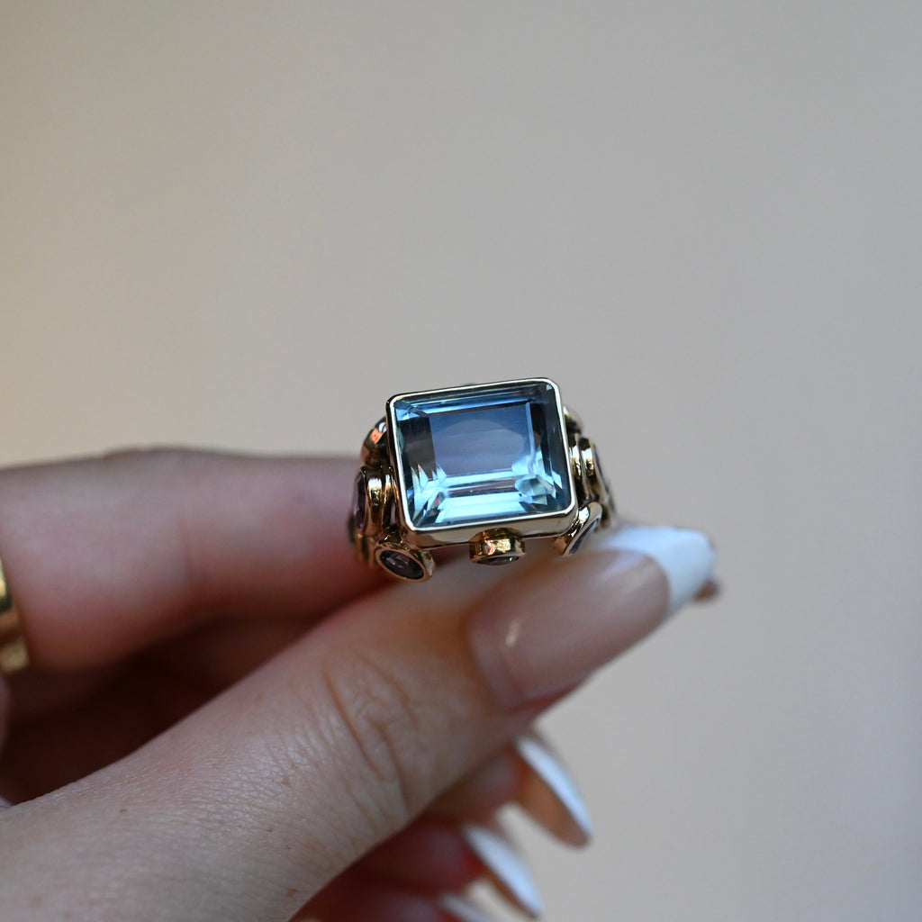 14k Gold Chunky Aquamarine & Sapphire Cluster Ring - size 6.5 (sizable) - Ready to Ship