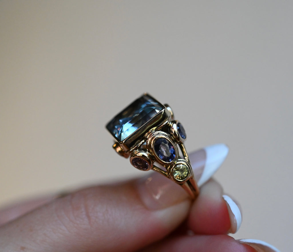 14k Gold Chunky Aquamarine & Sapphire Cluster Ring - size 6.5 (sizable) - Ready to Ship