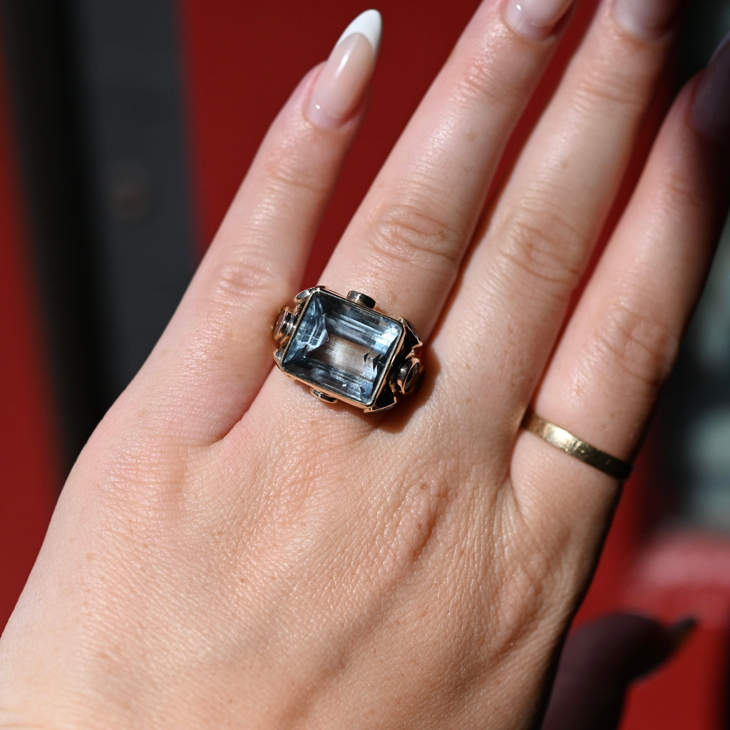 14k Gold Chunky Aquamarine & Sapphire Cluster Ring - size 6.5 (sizable) - Ready to Ship